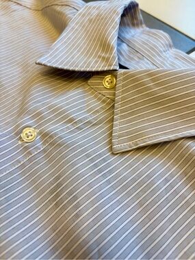 Simons Men's Taupe and White Pinstripe Relaxed/Oversized Dress Shirt